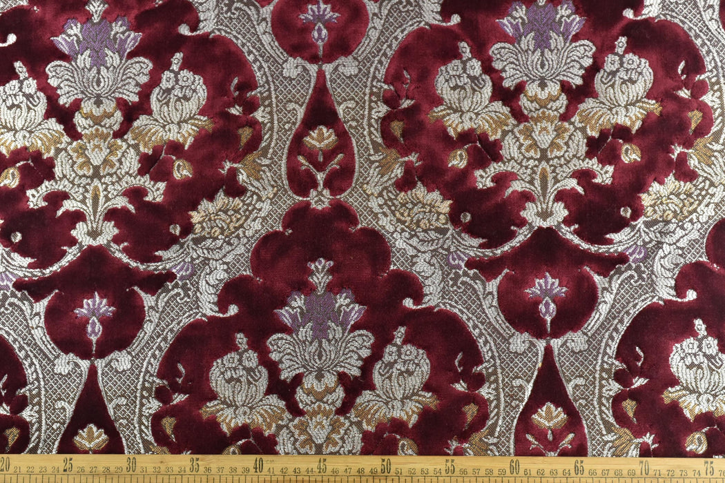 Designer Heavy Weight Damask Floral Cut Velvet Fabric For Chair Couch|Gold Red Raised Velvet Fabric By The Yard