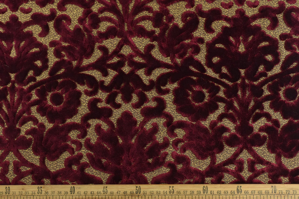 Designer Heavy Weight Red Gold Floral Cut Velvet Fabric For Chair Couch|Vintage Raised Velvet Fabric By The Yard