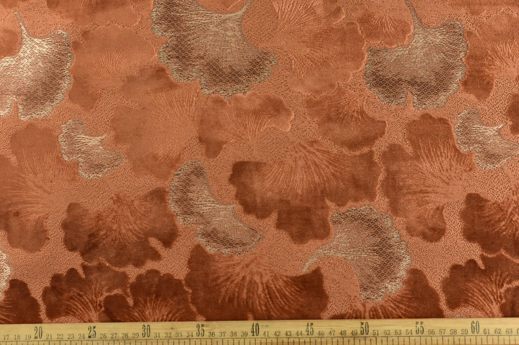 Heavy Weight Burnt Orange Ginkgo Biloba Leaves Pattern Cut Velvet Upholstery Fabric For Chair Cushion|Designer Floral Velvet Fabric By Yard