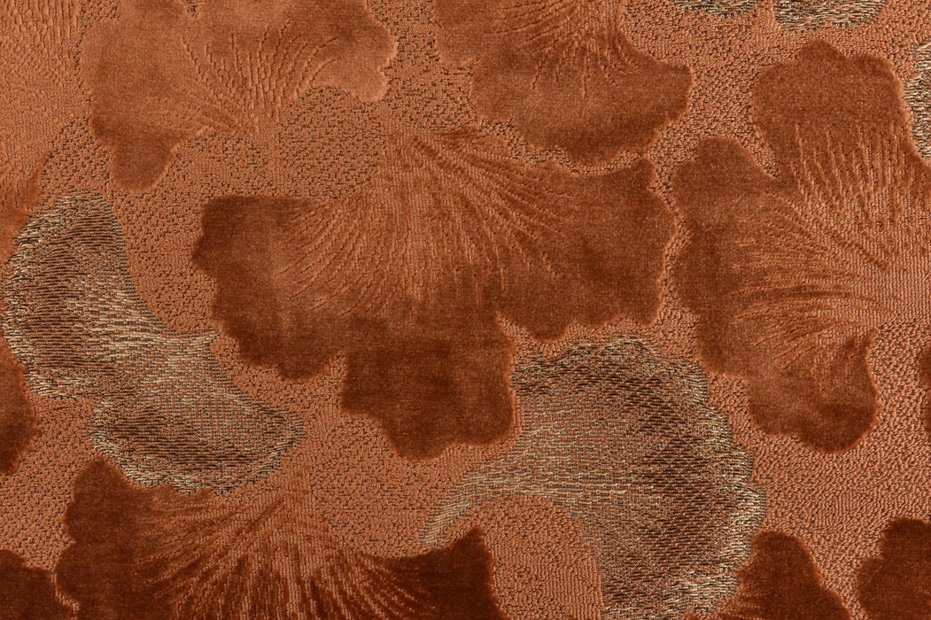 Heavy Weight Burnt Orange Ginkgo Biloba Leaves Pattern Cut Velvet Upholstery Fabric For Chair Cushion|Designer Floral Velvet Fabric By Yard