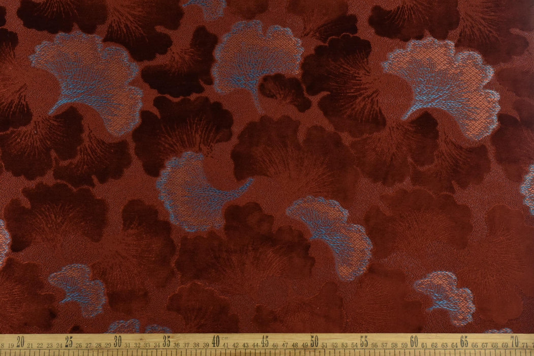 Heavy Weight Red Ginkgo Biloba Leaves Pattern Cut Velvet Upholstery Fabric For Chair Cushion|Designer Floral Velvet Fabric By Yard