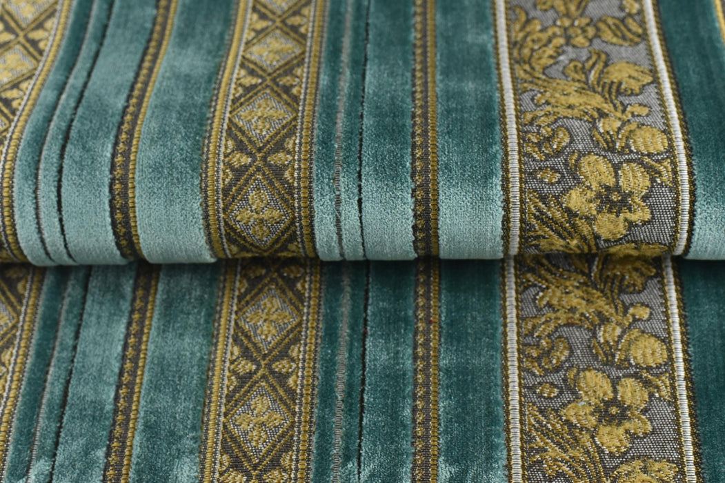 Heavy Weight Brown Teal Blue Striped Cut Velvet Upholsetry Fabric For Chair|Luxury Fine Durable Jacquard Velvet Fabric For Ottoman Pillow