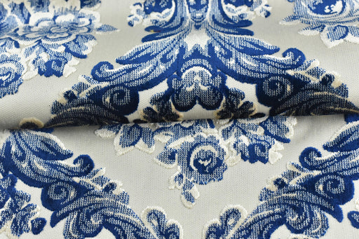 Heavy Weight Vintage Chinoiserie Blue and White Floral Cut Velvet Upholstery Fabric For Chair Drapery|Retro Asian Raised Floral Fabric