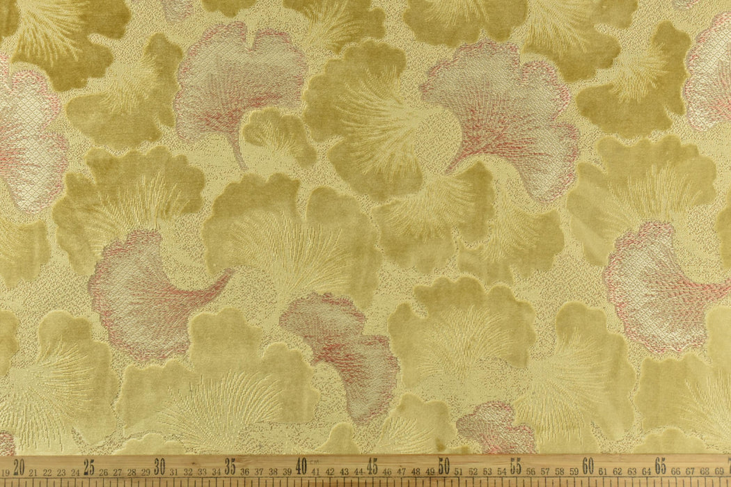 Heavy Weight Yellow Pink Ginkgo Biloba Leaves Pattern Cut Velvet Upholstery Fabric For Chair Cushion|Designer Floral Velvet Fabric By Yard