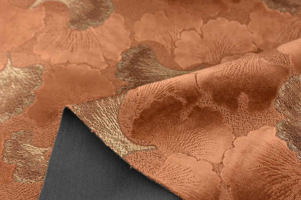 Heavy Weight Burnt Orange Ginkgo Biloba Leaves Pattern Cut Velvet Upholstery Fabric For Chair Cushion|Designer Floral Velvet Fabric By Yard