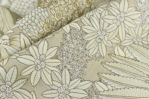 Designer Luxury Cotton Linen Blend Embroidered Floral Fabric For Curtain Pillow|Ivory Tan Botanical Garden Fabric For Drapery