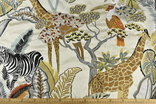 Luxury Wild Animal and Botanical Embroidered Fabric For Drapery Pillow|Exotic Zebra Giraffe Bird Fabric For Kids Room Decor