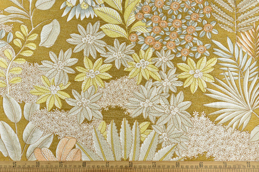 Designer Luxury Cotton Linen Blend Embroidered Floral Fabric|Gold Botanical Curtain Fabric|Elegant Home Decor Fabric For Drapery Pillow