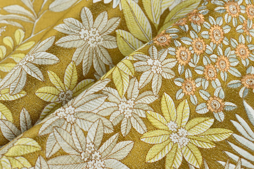 Designer Luxury Cotton Linen Blend Embroidered Floral Fabric|Gold Botanical Curtain Fabric|Elegant Home Decor Fabric For Drapery Pillow