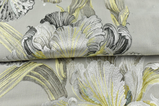 Luxury Yellow Grey White Embroidered Large Scale Floral Fabric For Drapaery Curtain|Heavyweight Elegant Fabric For Headboard Pillow