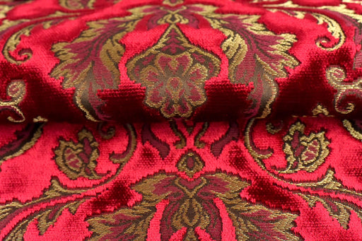 Mid-Century Modern Red and Gold Damask Floral Jacquard Raised Cut Velvet Upholsetry Fabric For Chair|Heavy Weight Vintage Floral Fabric