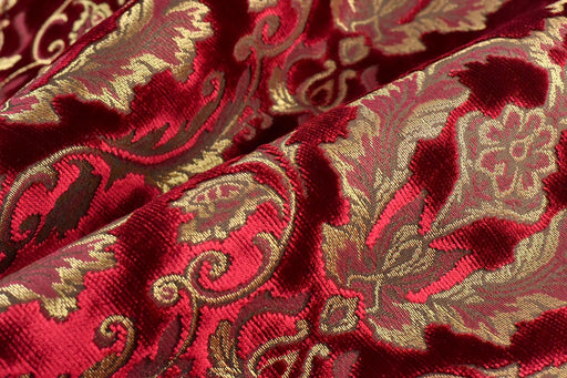 Mid-Century Modern Red and Gold Damask Floral Jacquard Raised Cut Velvet Upholsetry Fabric For Chair|Heavy Weight Vintage Floral Fabric