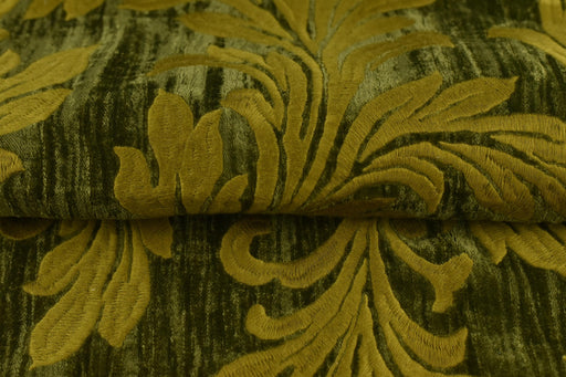 Designer Olive Green Embroidered Floral Silky Velvet Fabric For Curtain|Luxury Botanical Olive Gold Home Decor Fabric For Drapery Pillow