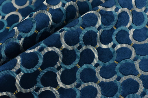 Heavy Weight Blue Gold Geometric Raised Cut Velvet Upholstery Fabric For Chair|Heavy Duty Soft Plushed Semicircles Interior Design Fabirc