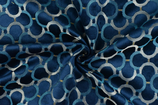 Heavy Weight Blue Gold Geometric Raised Cut Velvet Upholstery Fabric For Chair|Heavy Duty Soft Plushed Semicircles Interior Design Fabirc