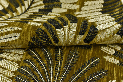 Designer Olive Gold Botanical Leaves Embroidered Floral Silky Velvet Fabric For Curtain|Luxury Tropical Home Decor Fabric For Drapery Pillow