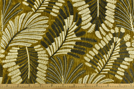 Designer Olive Gold Botanical Leaves Embroidered Floral Silky Velvet Fabric For Curtain|Luxury Tropical Home Decor Fabric For Drapery Pillow