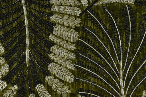 Designer Olive Green Botanical Leaves Embroidered Floral Silky Velvet Fabric For Curtain|Luxury Tropical Home Decor Fabric For Pillow