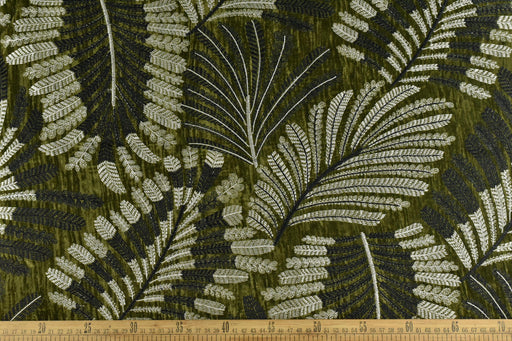 Designer Olive Green Botanical Leaves Embroidered Floral Silky Velvet Fabric For Curtain|Luxury Tropical Home Decor Fabric For Pillow