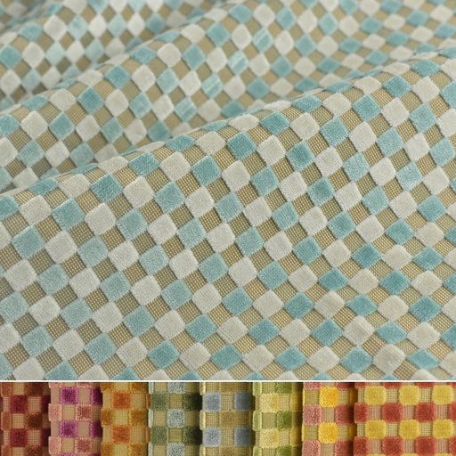 Heavy Weight Checkerboard Geometric Raised Cut Velvet Upholstery Fabric For Chair|Multi-Colored Green Pink Checkered Velvet Fabric For Couch
