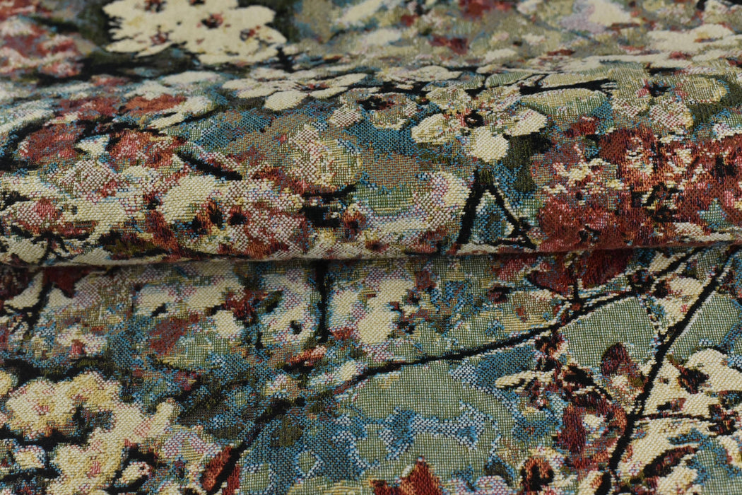 Heavy Weight Multicolored Green Blue and Red Vintage Chinoiserie Plum Blossom Floral Pure Cotton Woven Upholstery Fabric For Chair Cushion