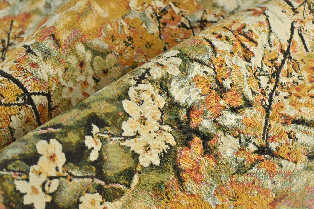 Heavy Weight Multicolored Autumn Gold Green Vintage Chinoiserie Plum Blossom Floral Pure Cotton Woven Upholstery Fabric For Chair Cushion