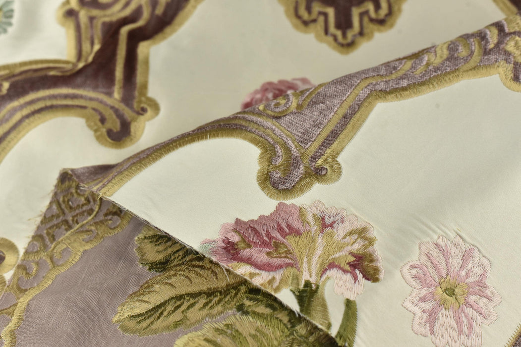 Clearance Sale!Heavy Weight Vintage Pink Rose Green Leaves Floral Embroidery on Purple GreenCut Velvet Fabric For Chair Curtain Pillow