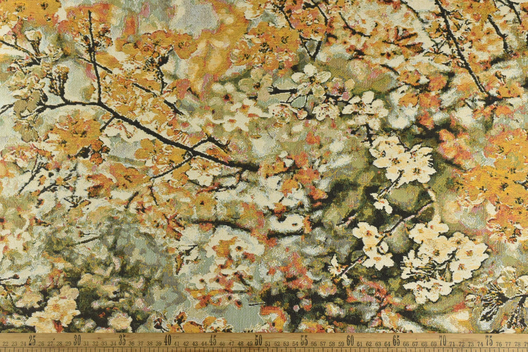 Heavy Weight Multicolored Autumn Gold Green Vintage Chinoiserie Plum Blossom Floral Pure Cotton Woven Upholstery Fabric For Chair Cushion