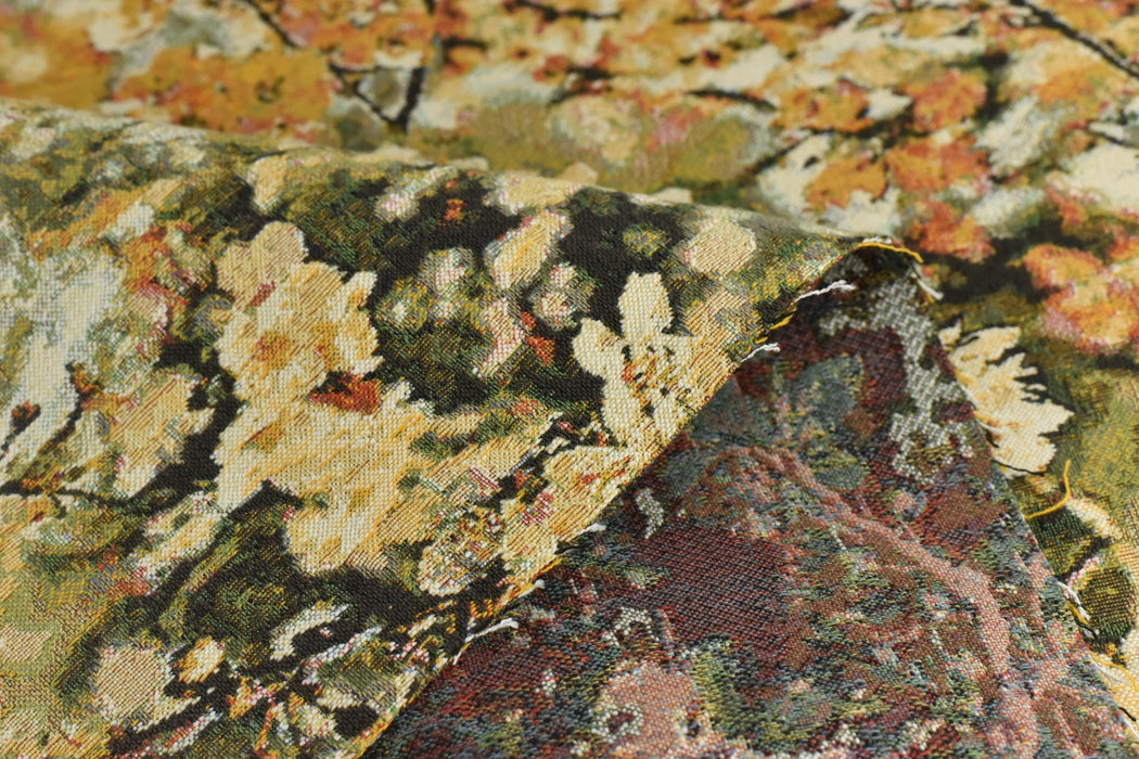 Heavy Weight Multicolored Autumn Gold Green Vintage Chinoiserie Plum Blossom Floral Pure Cotton Woven Upholstery Fabric For Chair Cushion