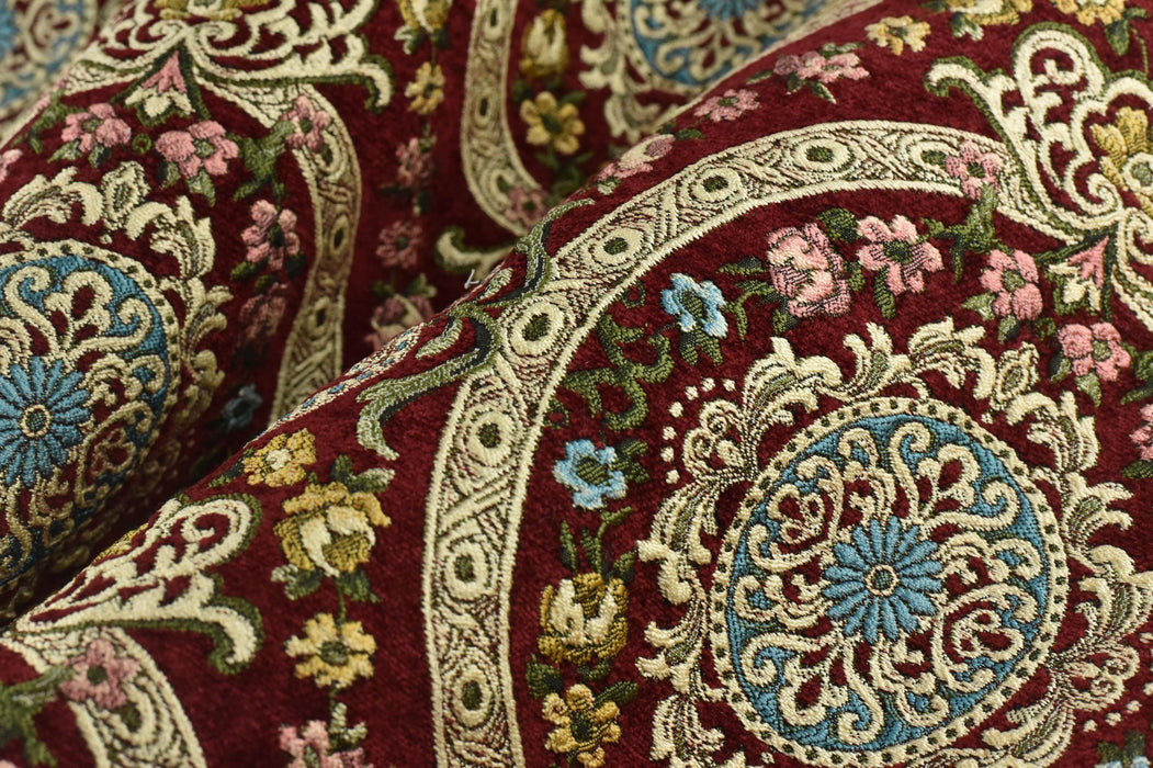 Heavy Weight MCM Vintage Red Gold Green Chenille Floral Jacquard Upholstery Fabric For Chair|Multi-Colored Farmhouse Country Decor Fabric