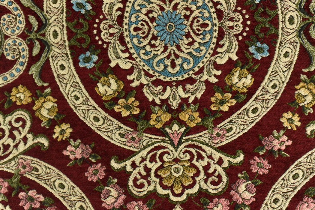 Heavy Weight MCM Vintage Red Gold Green Chenille Floral Jacquard Upholstery Fabric For Chair|Multi-Colored Farmhouse Country Decor Fabric