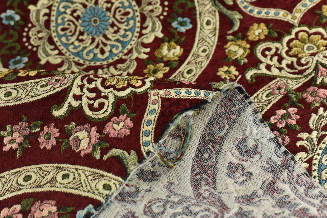 Heavy Weight MCM Vintage Red Gold Green Chenille Floral Jacquard Upholstery Fabric For Chair|Multi-Colored Farmhouse Country Decor Fabric