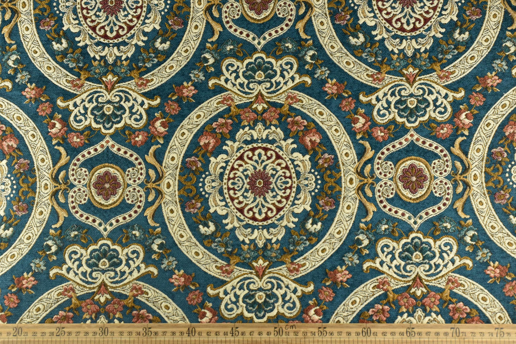 Heavy Weight MCM Vintage Red Gold Green Chenille Floral Jacquard Upholstery Fabric For Chair|Multi-Colored Farmhouse Country Decor Fabric