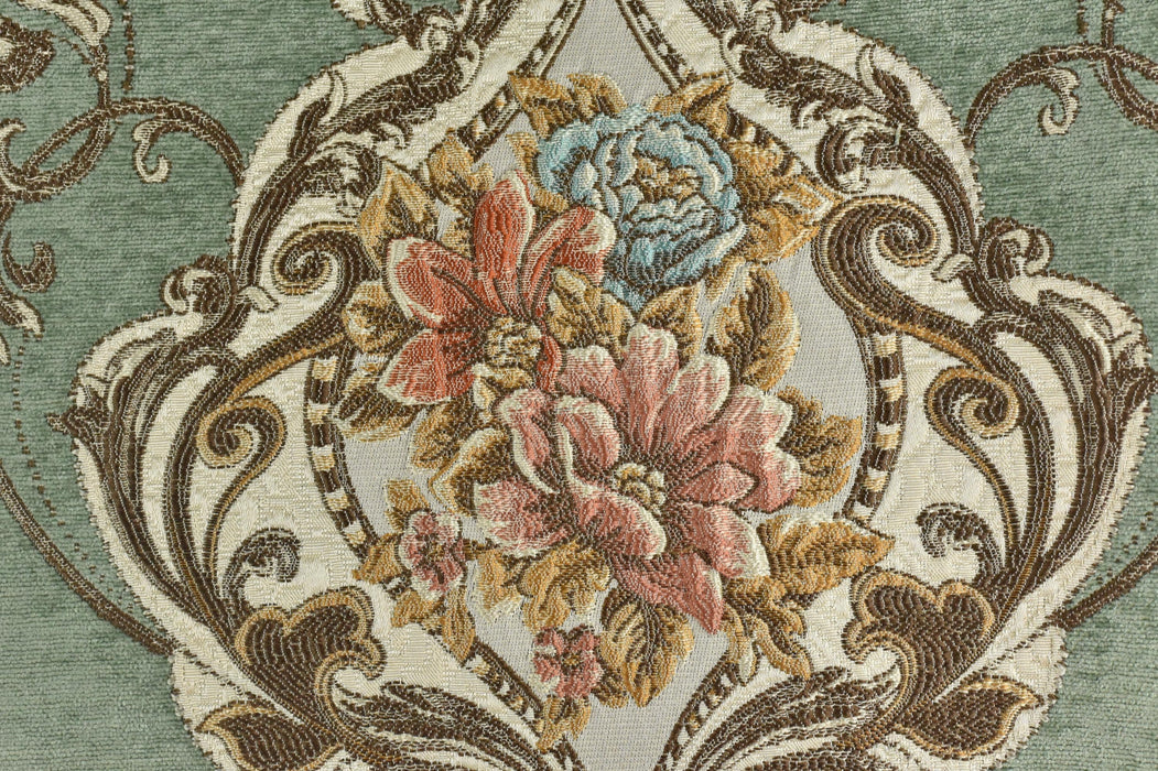 Heavy Weight MCM Vintage Green Pink Blue Large Damask Floral Jacquard Upholstery Fabric|Retro Farmhouse Home Decor Furniture Drapery Fabric