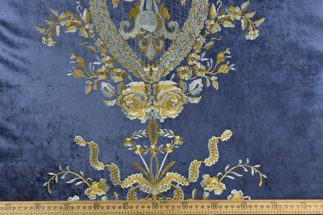 Clearance Sale!French Royal Blue Embroidered Floral on Moss Green Cut Velvet Fabric For Curtain|Heavyweight Green Gold Elegant Fabric