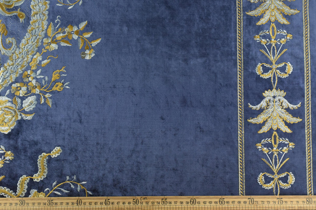 Clearance Sale!French Royal Blue Embroidered Floral on Moss Green Cut Velvet Fabric For Curtain|Heavyweight Green Gold Elegant Fabric
