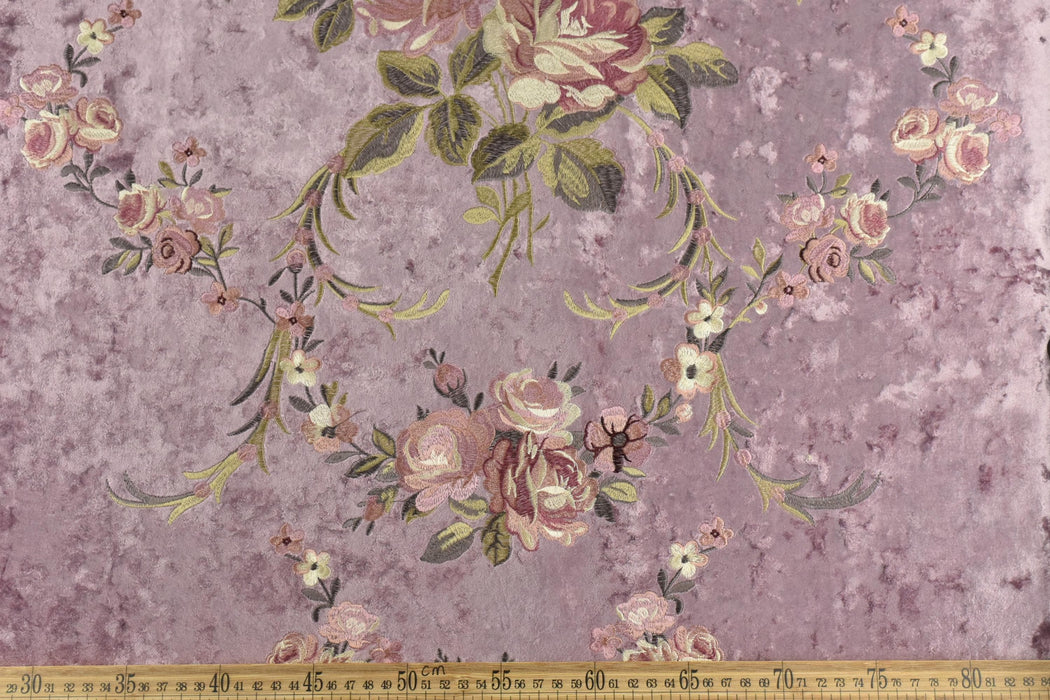 Clearance Sale!Heavy Weight Vintage French Pink Green Floral Embroideried on Purple Crushed Cut Velvet Fabric For Chair Headboard Curtain
