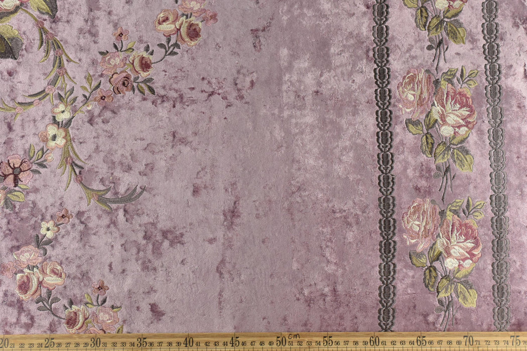 Clearance Sale!Heavy Weight Vintage French Pink Green Floral Embroideried on Purple Crushed Cut Velvet Fabric For Chair Headboard Curtain