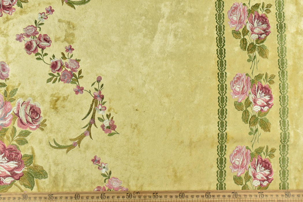 Clearance Sale!Heavy Weight Vintage French Pink Green Floral Embroideried on Yellow Crushed Cut Velvet Fabric For Chair Headboard Curtain