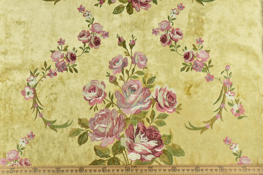 Clearance Sale!Heavy Weight Vintage French Pink Green Floral Embroideried on Yellow Crushed Cut Velvet Fabric For Chair Headboard Curtain