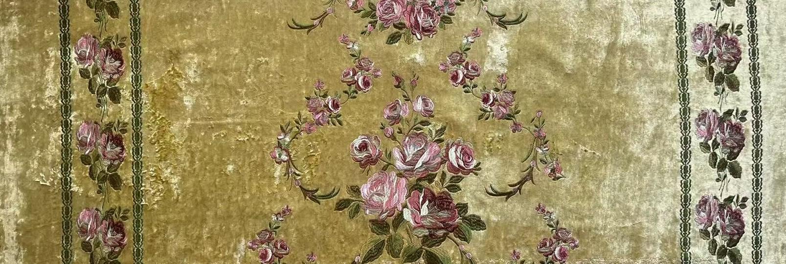Clearance Sale!Heavy Weight Vintage French Pink Green Floral Embroideried on Yellow Crushed Cut Velvet Fabric For Chair Headboard Curtain