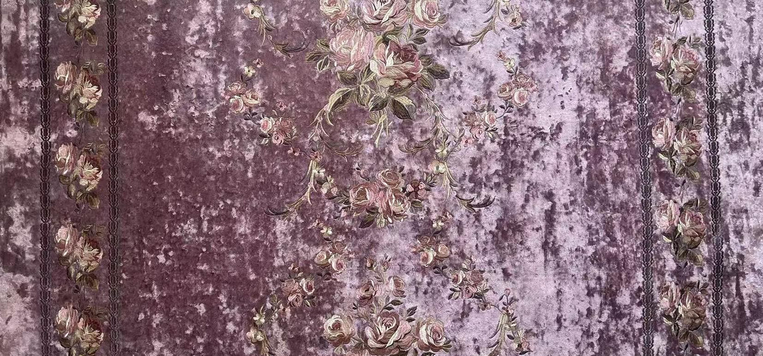 Clearance Sale!Heavy Weight Vintage French Pink Green Floral Embroideried on Purple Crushed Cut Velvet Fabric For Chair Headboard Curtain