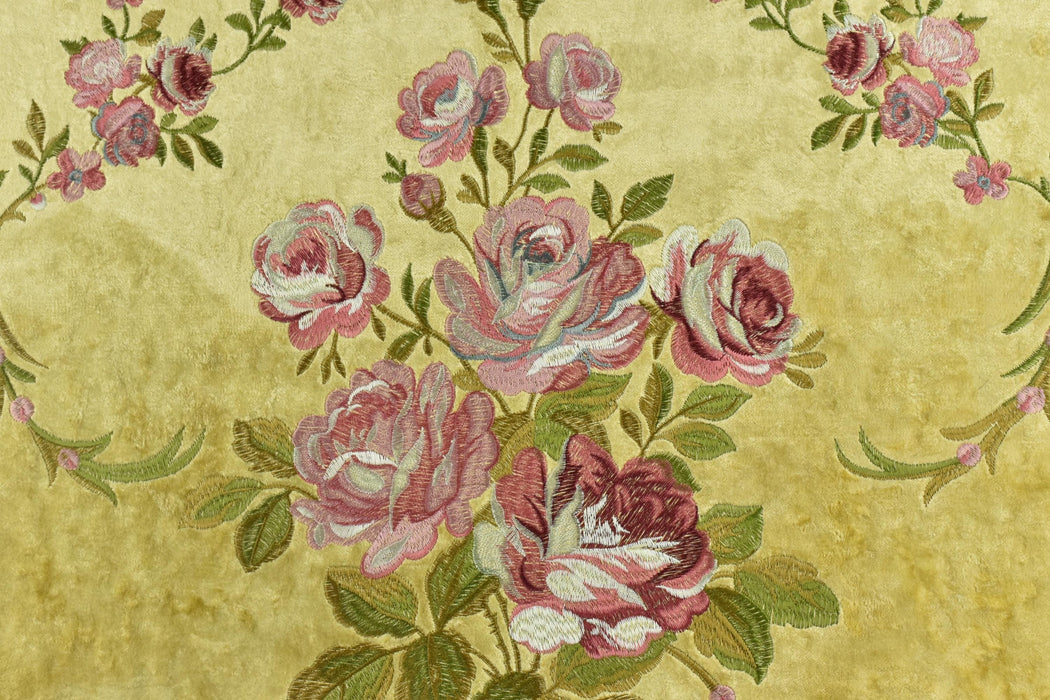 Clearance Sale!Heavy Weight Vintage French Pink and Green Embroideried Floral on Yellow Crushed Cut Velvet Fabric For Chair Curtain Pillow
