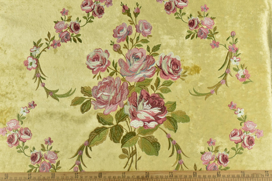 Clearance Sale!Heavy Weight Vintage French Pink and Green Embroideried Floral on Yellow Crushed Cut Velvet Fabric For Chair Curtain Pillow