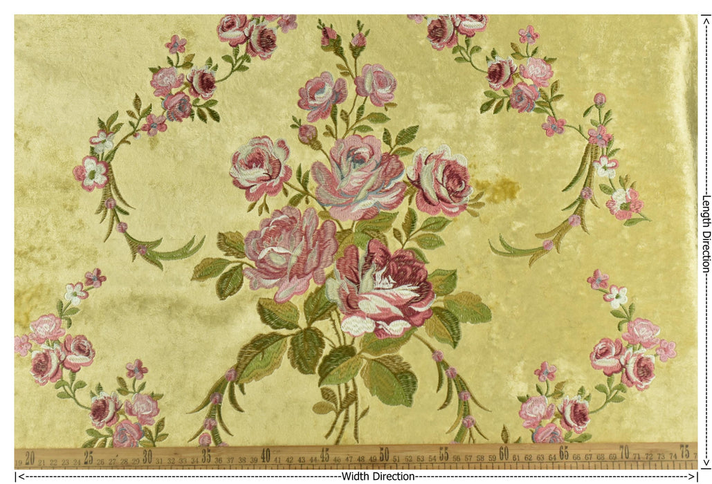 Clearance Sale!Heavy Weight Vintage French Pink and Green Embroideried Floral on Yellow Crushed Cut Velvet Fabric For Chair Curtain Pillow
