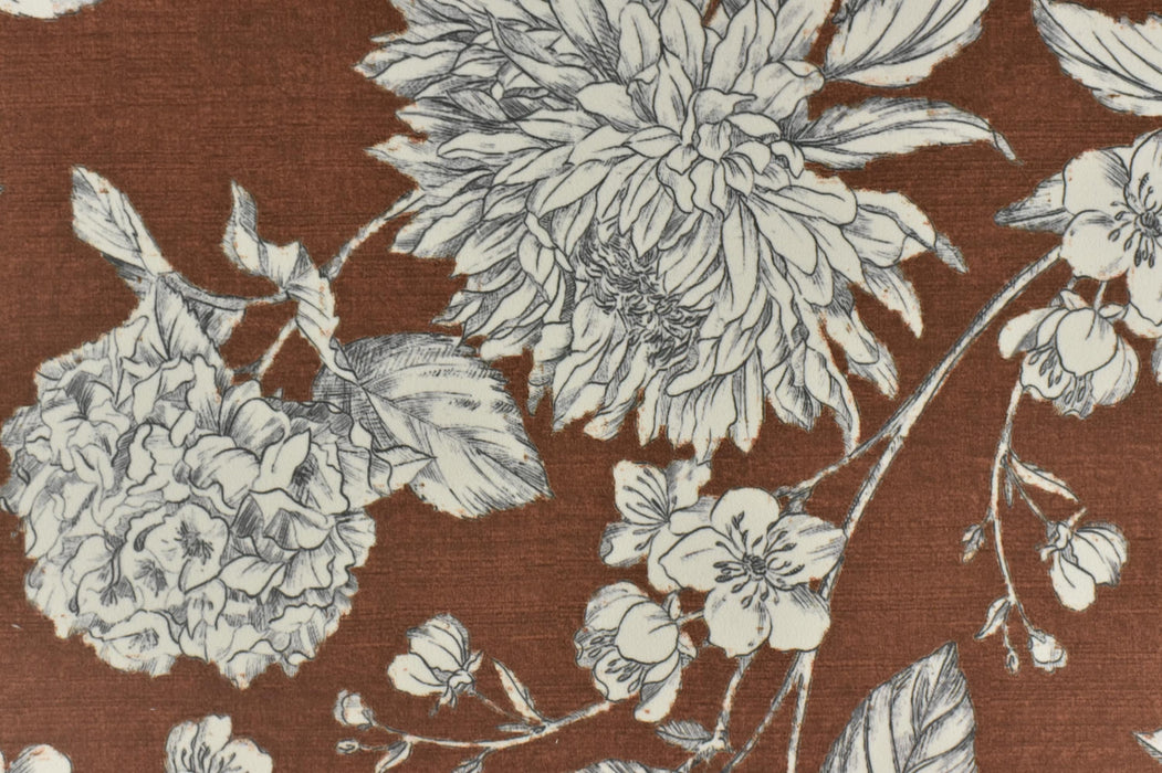 Heavy Weight Vintage Floral Print on Rust Brown/Pale Taupe Velvet Fabric For Chair Pillow Ottoman