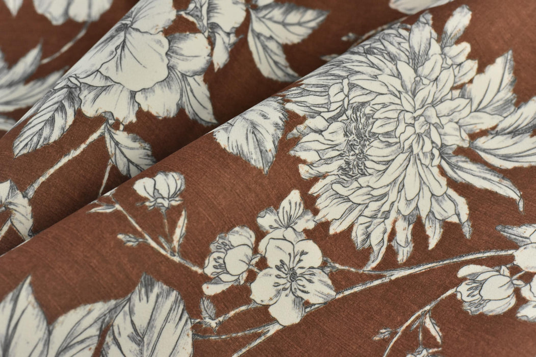 Heavy Weight Vintage Floral Print on Rust Brown/Pale Taupe Velvet Fabric For Chair Pillow Ottoman