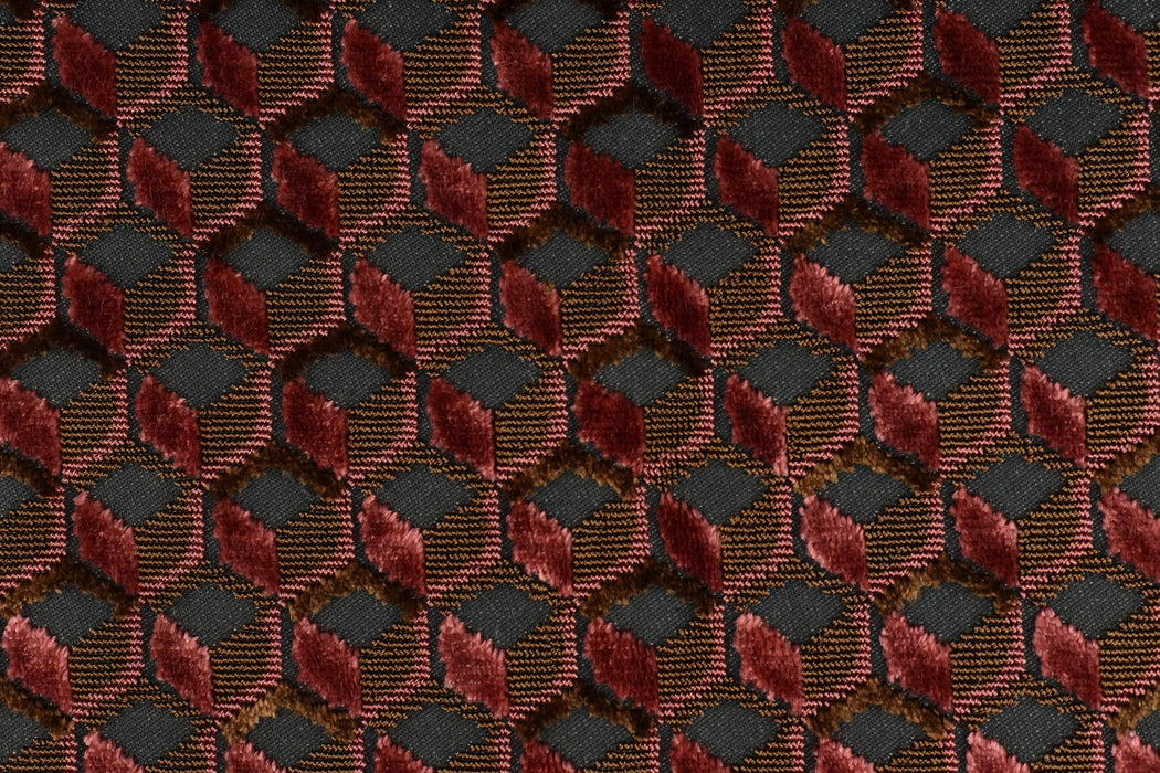 Heavy Weight Red Bronze Olive Geometric Raised Cut Velvet Upholstery Fabric For Chair|Smooth Touch Viscose Blend High End Furniture Fabric