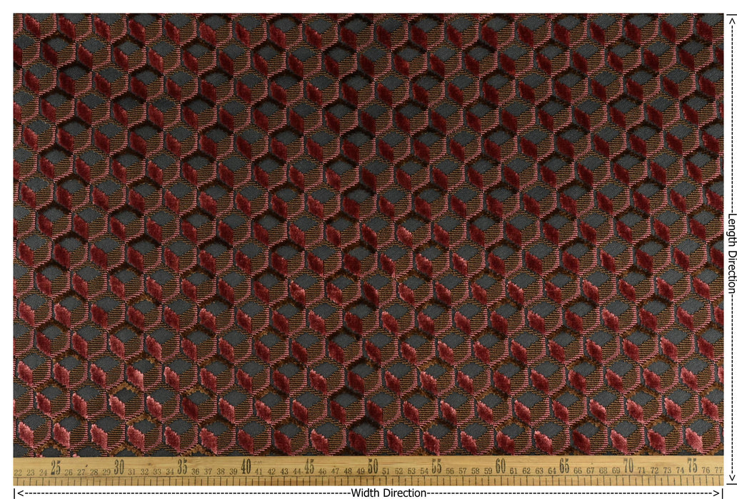 Heavy Weight Red Bronze Olive Geometric Raised Cut Velvet Upholstery Fabric For Chair|Smooth Touch Viscose Blend High End Furniture Fabric