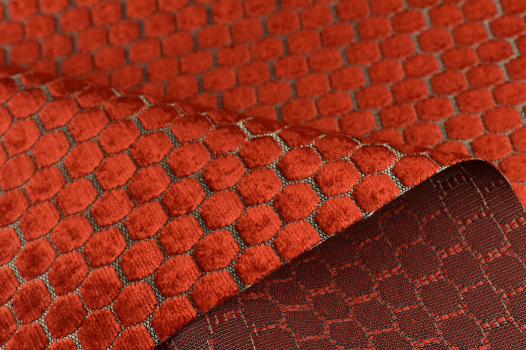 Heavy Weight Red/Golden Yellow Geometric Jacquard Cut Velvet Upholstery Fabric For Chair Couch|Vinatge Geometric Furniture Fabric